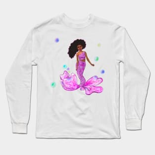 Mermaid - Coco the Magical rainbow mermaid with brown eyes, flowing Afro hair and caramel brown skin - light background Long Sleeve T-Shirt